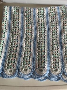 Baby Afghan blue and white scalloped with multi color yarn stripes blanket